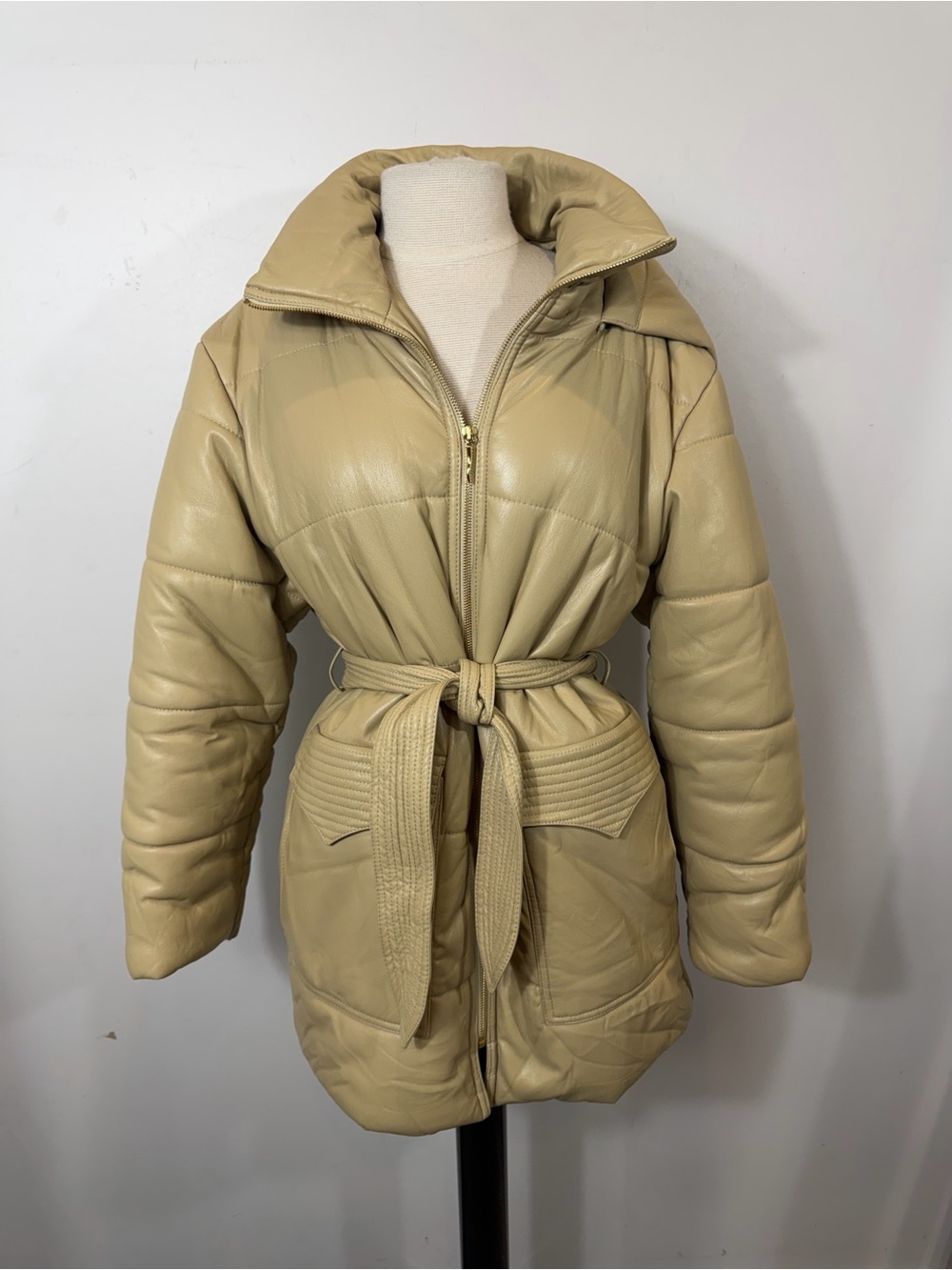 Nanushka XS Vegan Leather Belted Hooded Puffer Jacket Beige Nude